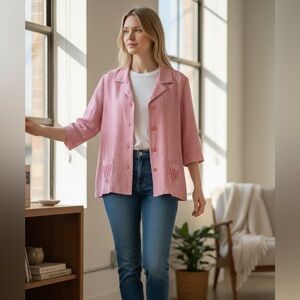 Southern Lady Women’s Pink Button Front Jacket Embroidered Pockets Size 10